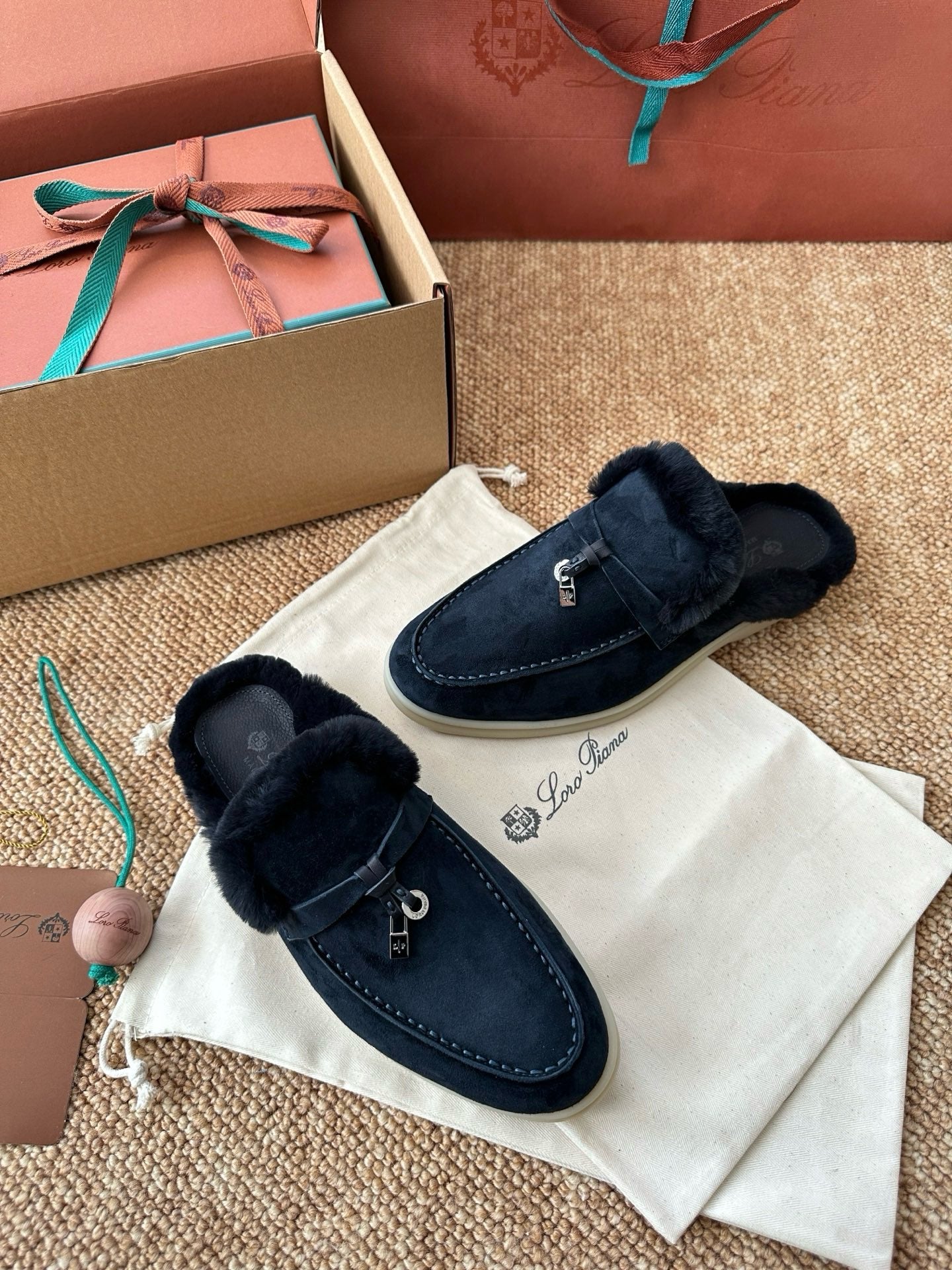 Loro Piana Charms Walk Flat Mules Deep Blue Suede Fur 623535