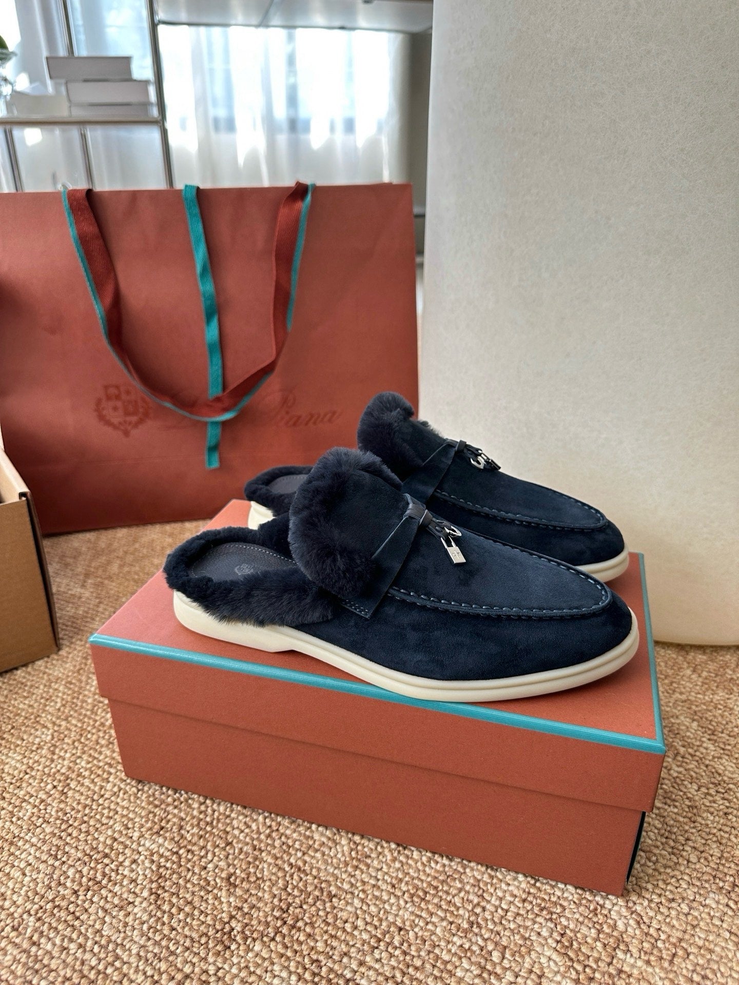 Loro Piana Charms Walk Flat Mules Deep Blue Suede Fur 623535