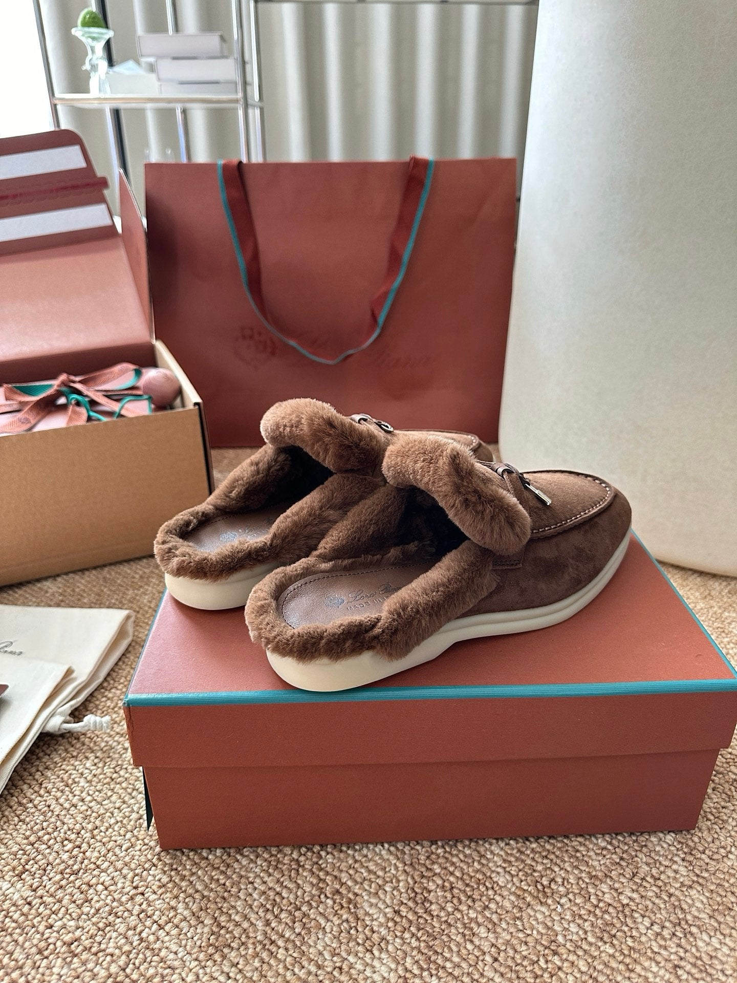 Loro Piana Charms Walk Flat Mules Chocolate Suede Fur 623529