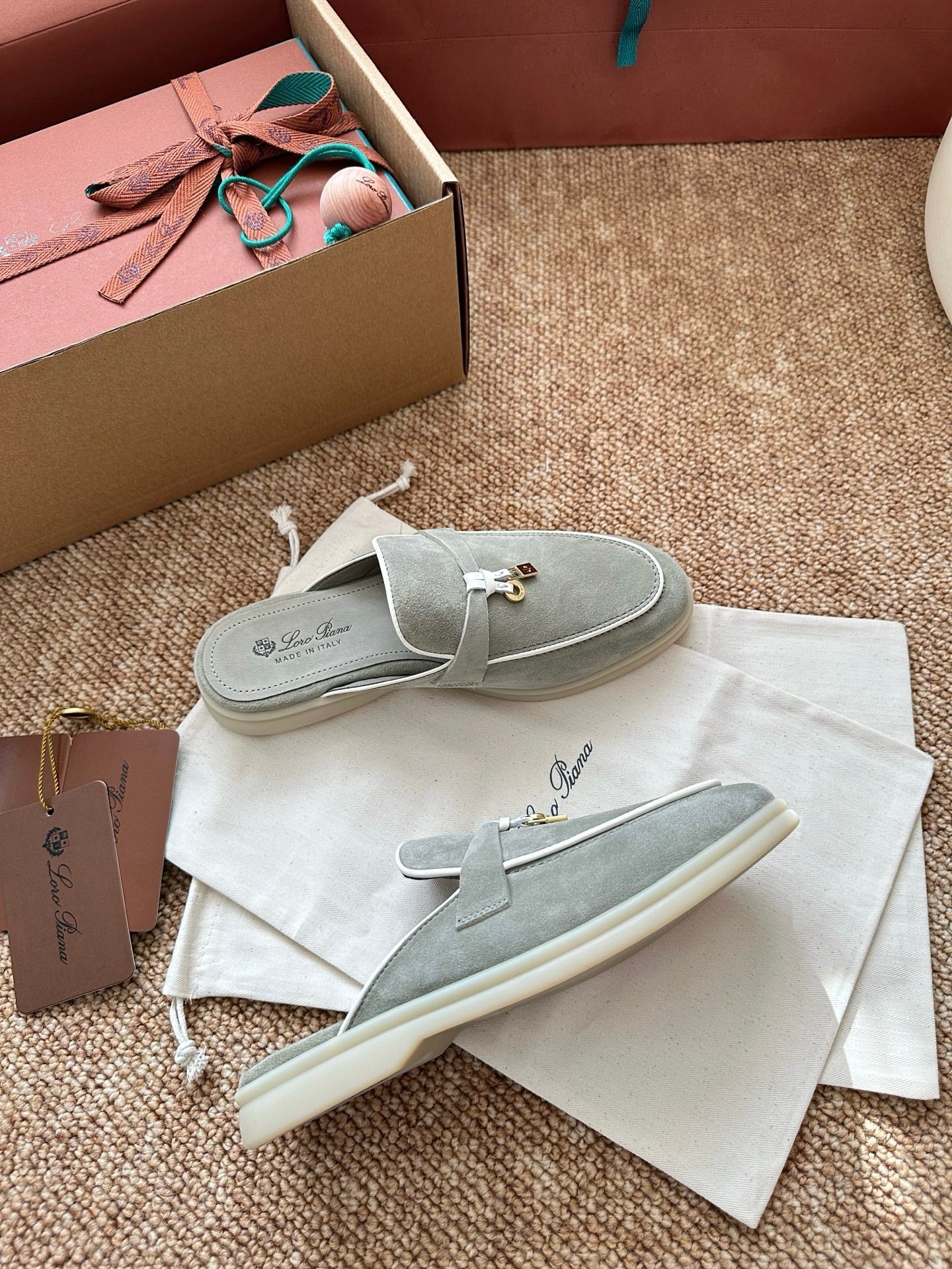 Loro Piana Charms Walk Flat Mules Targan GreenSuede 623545