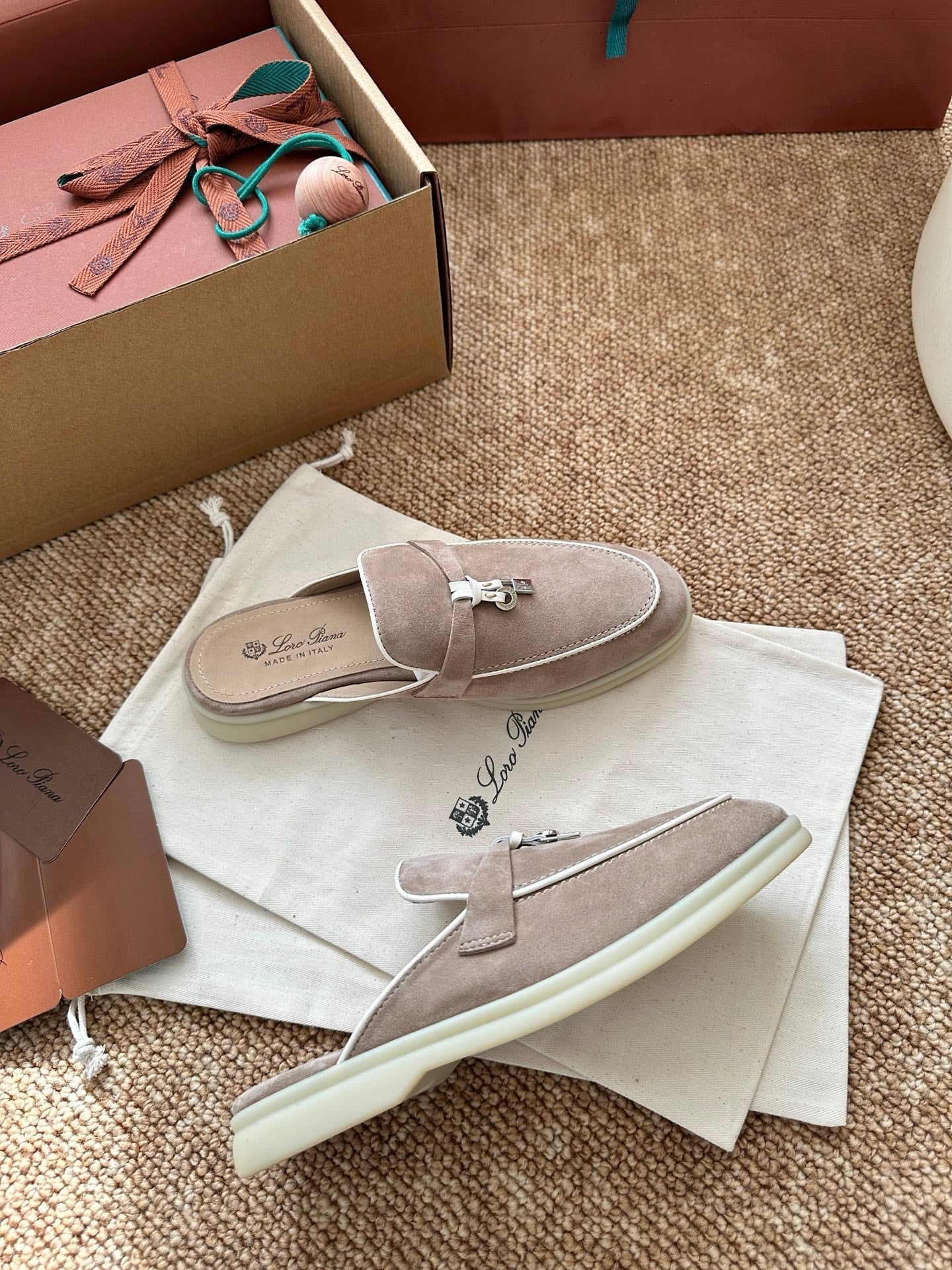 Loro Piana Charms Walk Flat Mules Sand Suede 623546