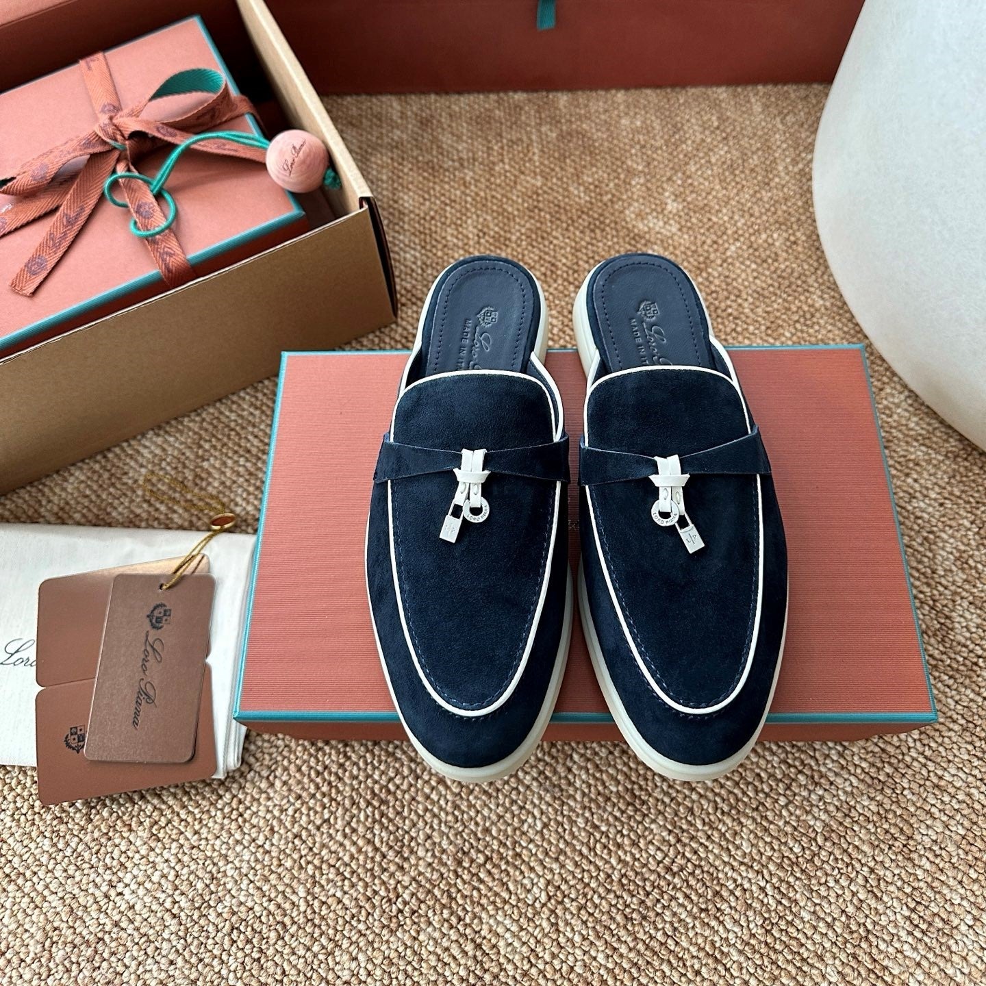 Loro Piana Charms Walk Flat Mules Deep Blue Suede 623550