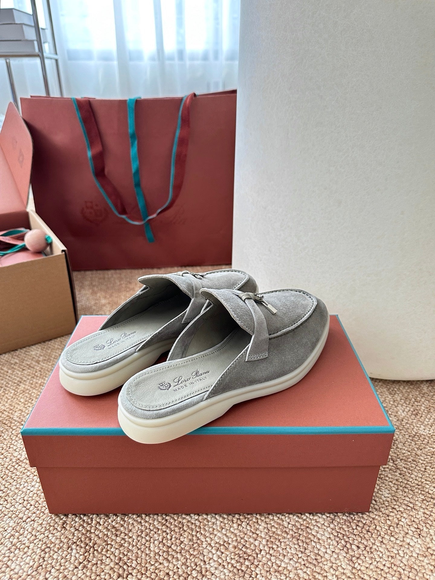 Loro Piana Charms Walk Flat Mules Gray-Green Suede 623552