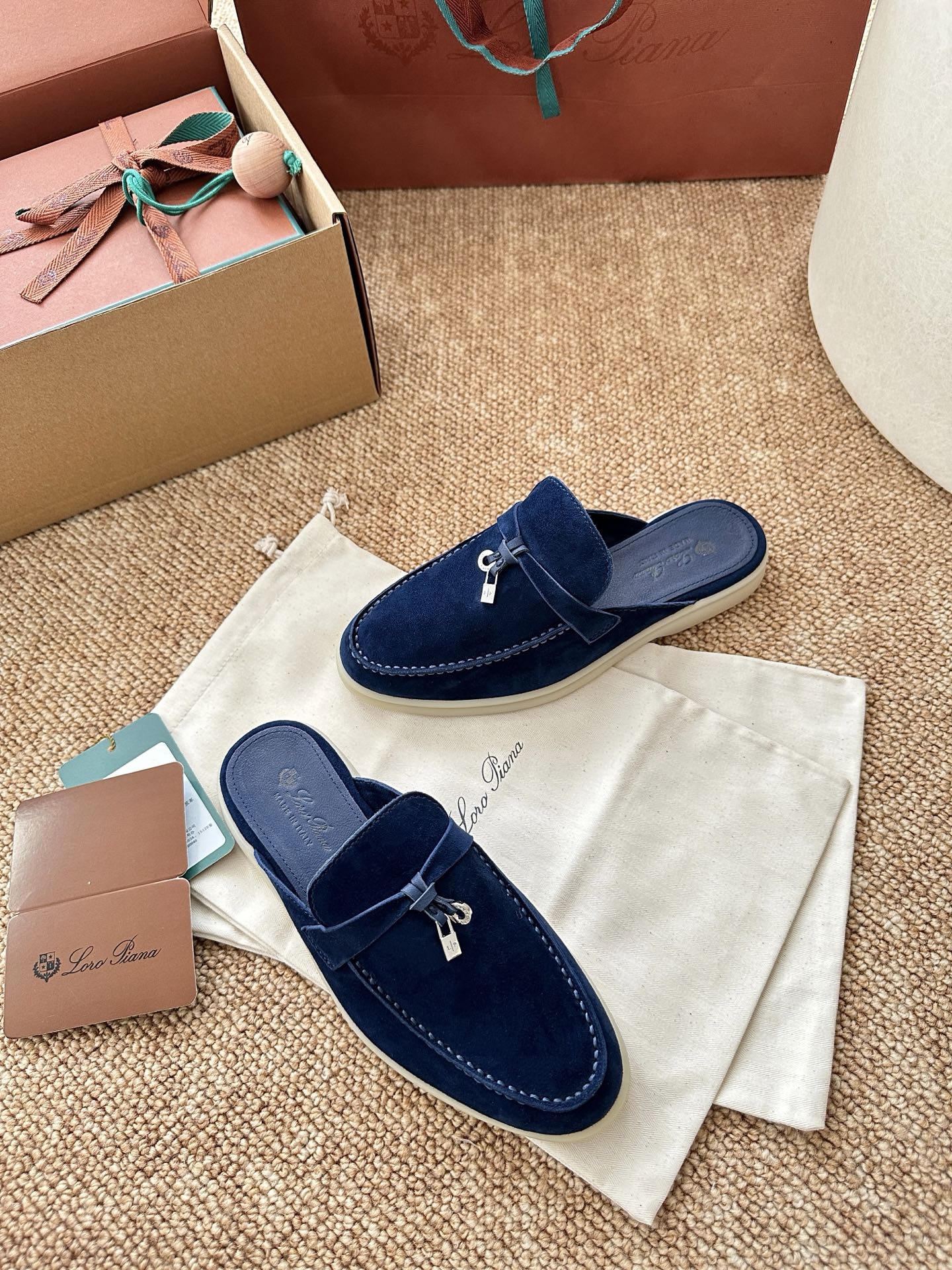 Loro Piana Charms Walk Flat Mules Dark blue Suede 623553