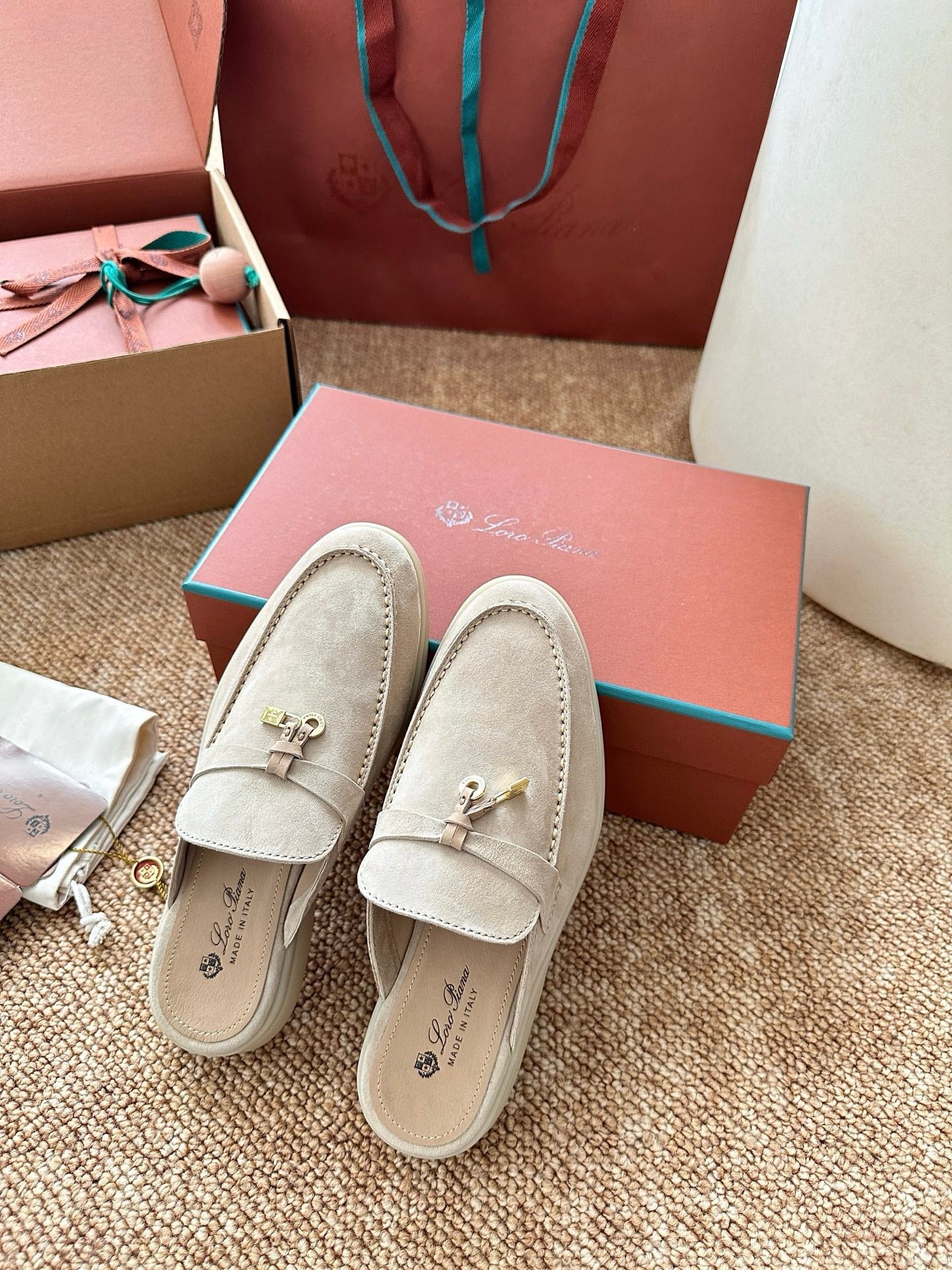 Loro Piana Charms Walk Flat Mules Apricot Suede 623556