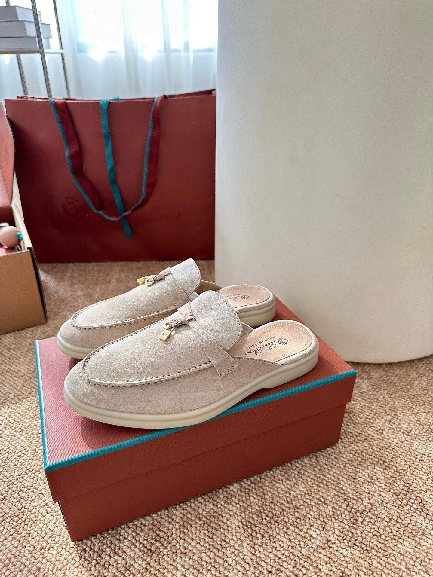 Loro Piana Charms Walk Flat Mules Apricot Suede 623556