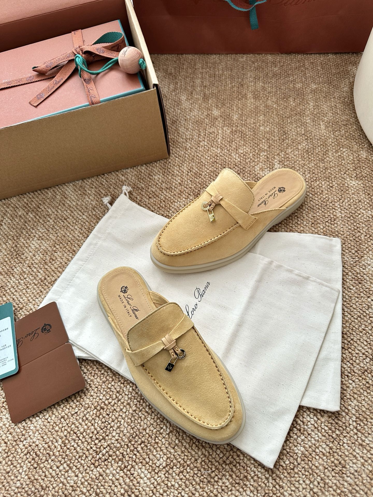 Loro Piana Charms Walk Flat Mules Saffron Tea Suede 623559