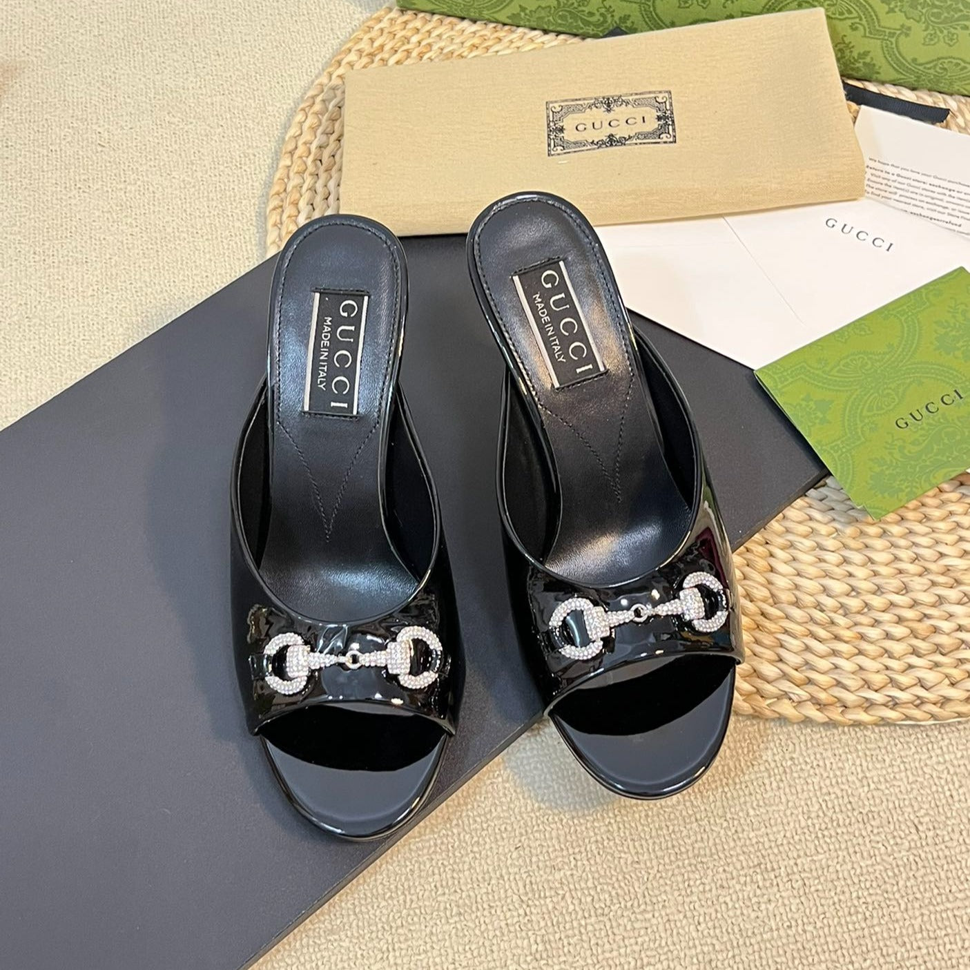 GG Women's Horsebit mid-heel slide sandal in glossy black leather