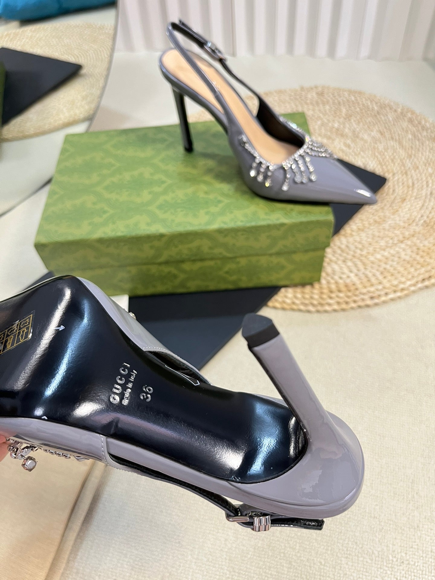 GC Embellished Slingback Dark Gray Patent Leather 294623