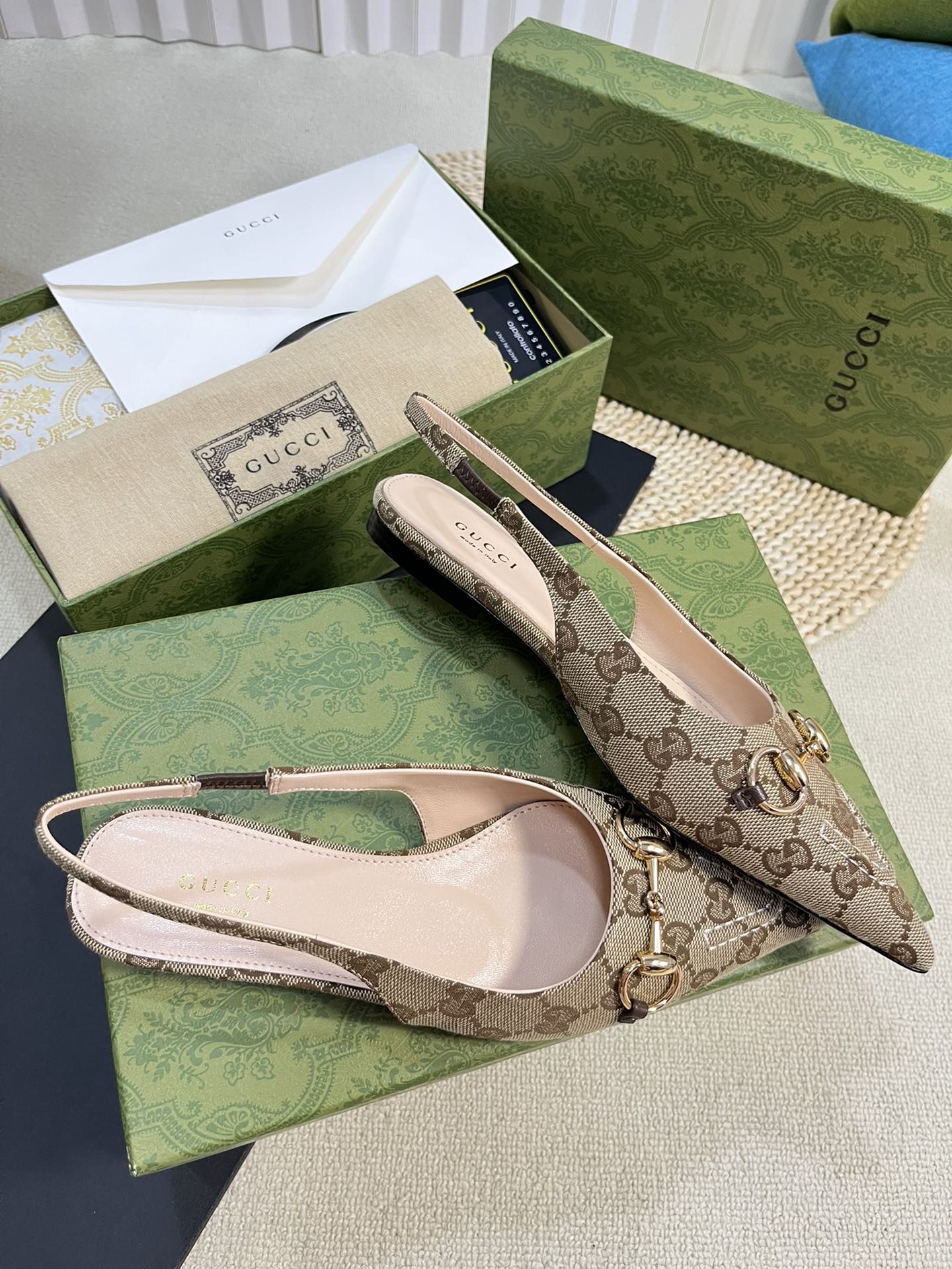 GC Horsebit Slingback Pump 10mm Beige mix Brown Canvas Sheepskin 294554