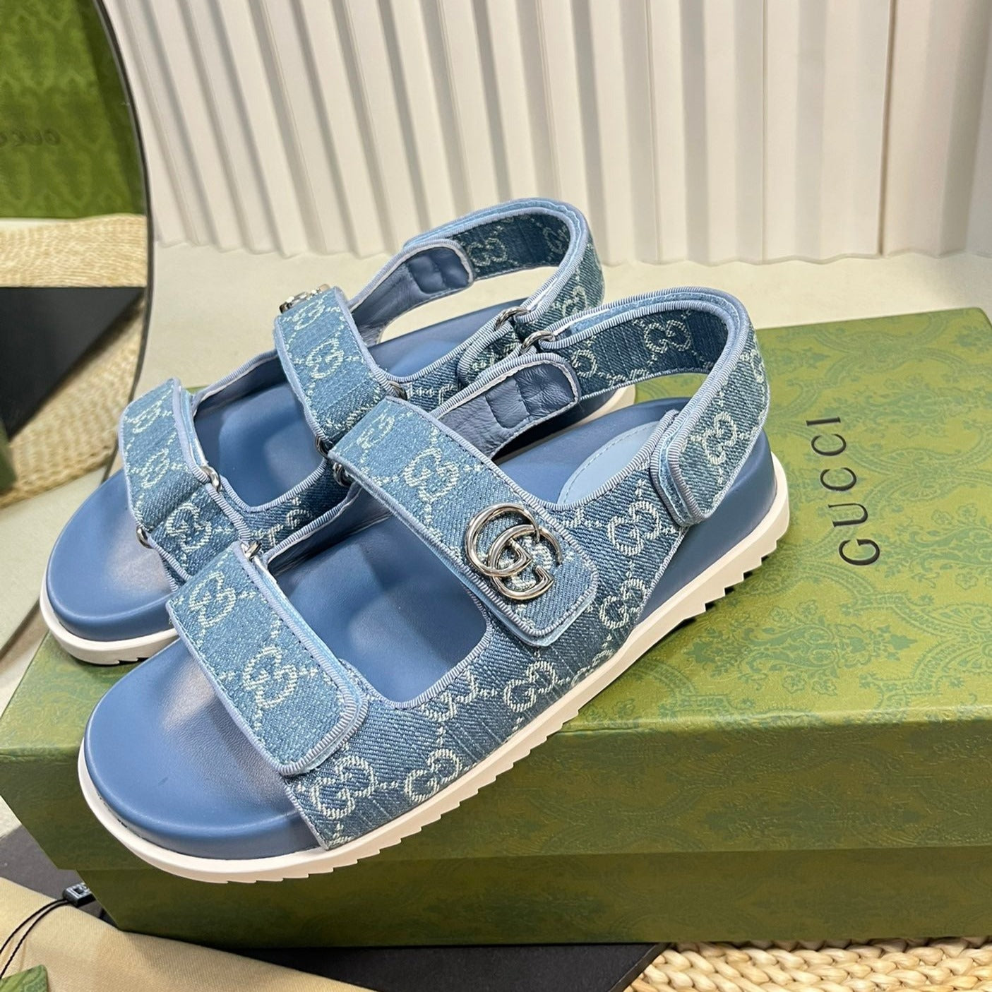 GG Sandal With Double G Blue Caro