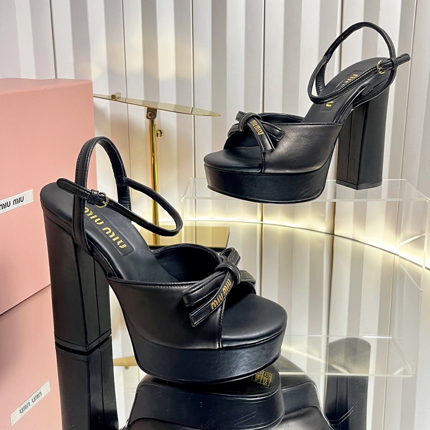 Miumiu 26s Platform Ankle Strap Sandals 120mm In Black Calfskin With Bow