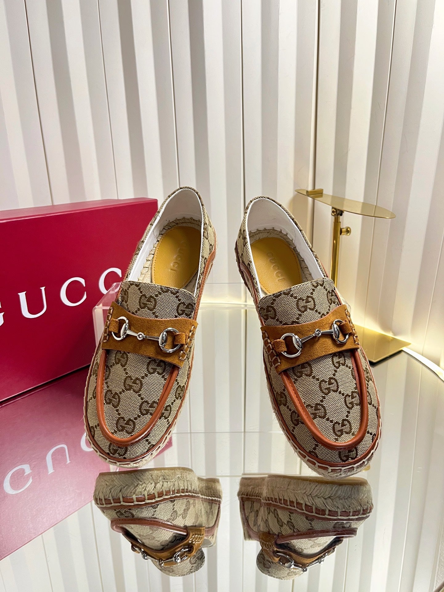 GG 26s Horsebit Espadrilles Flat Beige Brown Canvas Suede 768179