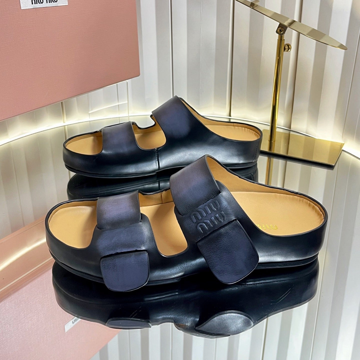 Miumiu 26s Double-Strap Slides In Black Calfskin