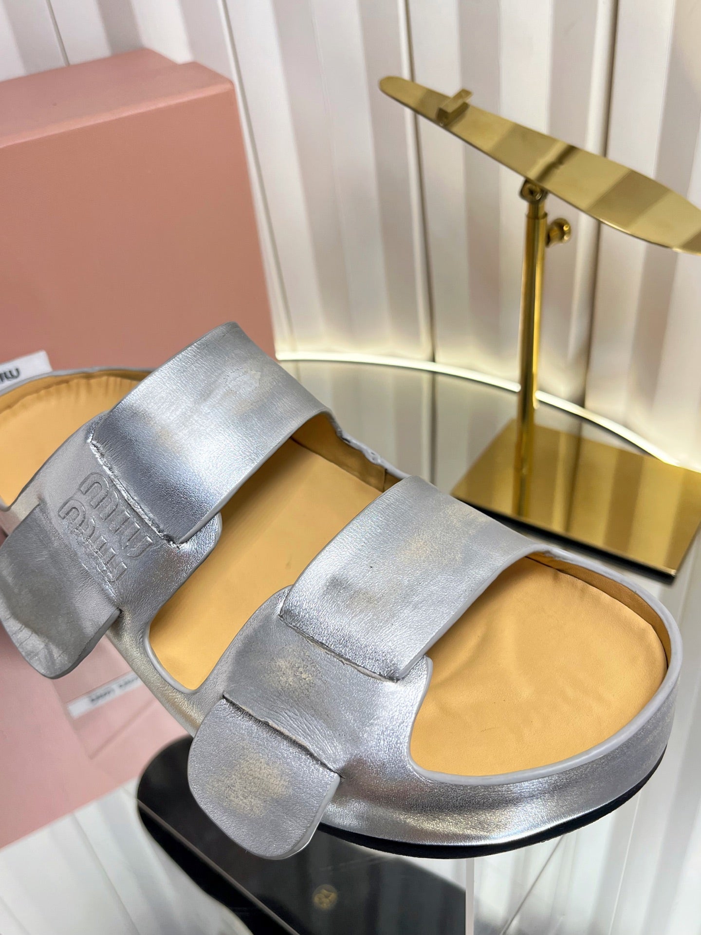 Miumiu 26s Double-Strap Slides In Sliver Calfskin