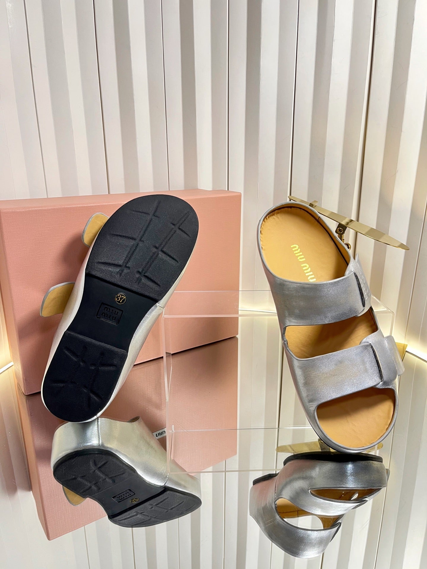 Miumiu 26s Double-Strap Slides In Sliver Calfskin