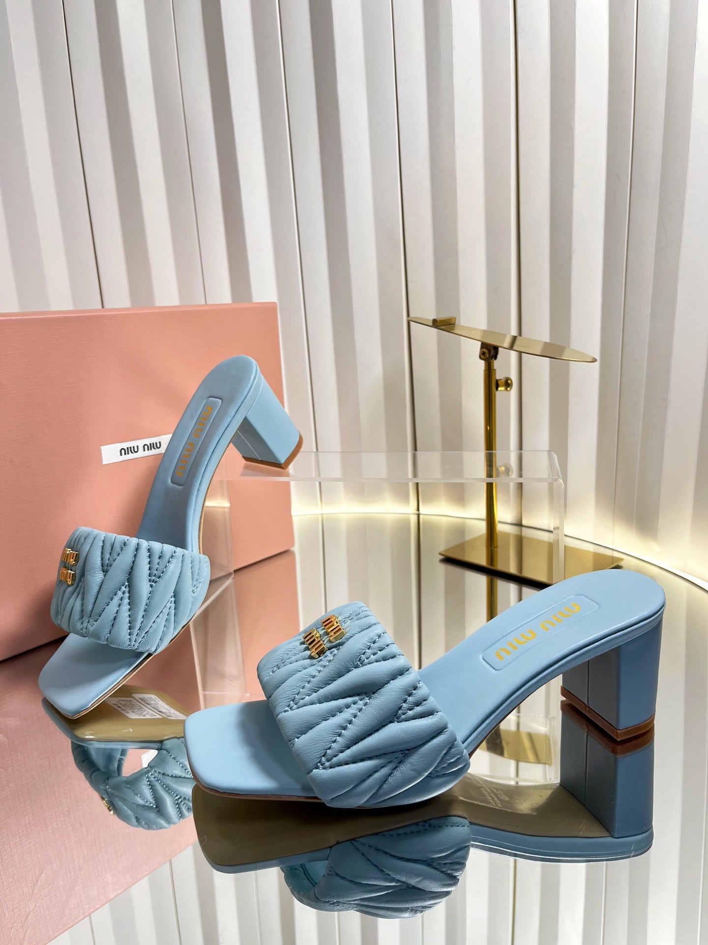 Miu 26s Padded Matelasse Mule Heels 65mm In Light Blue Calfskin Gold Hardware