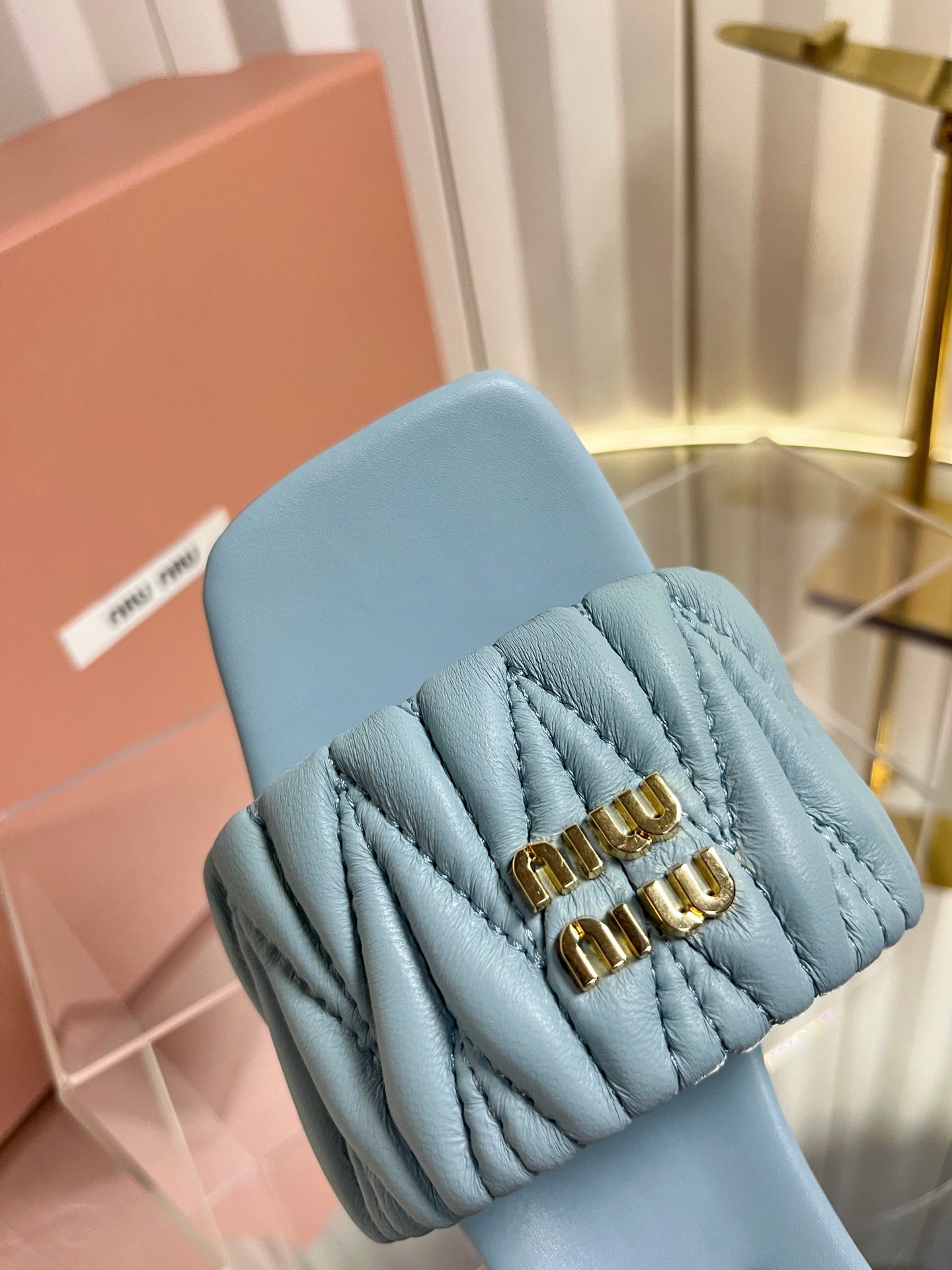 Miu 26s Padded Matelasse Mule Heels 65mm In Light Blue Calfskin Gold Hardware