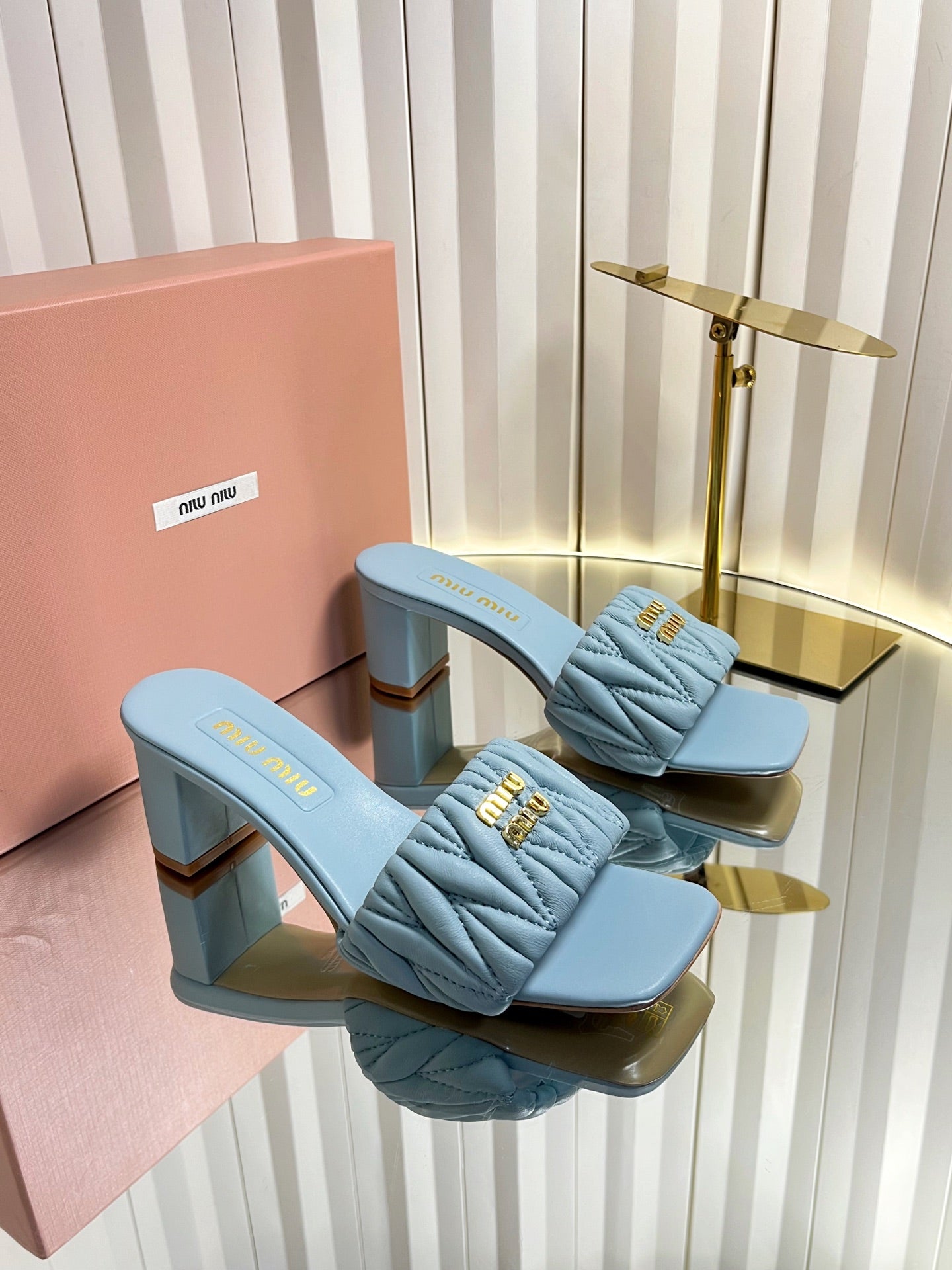 Miu 26s Padded Matelasse Mule Heels 65mm In Light Blue Calfskin Gold Hardware
