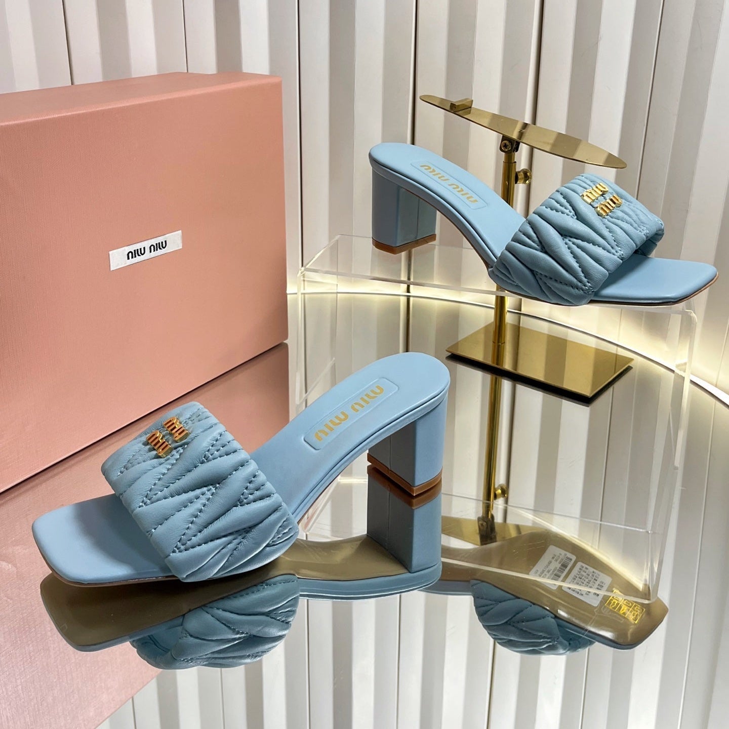 Miu 26s Padded Matelasse Mule Heels 65mm In Light Blue Calfskin Gold Hardware