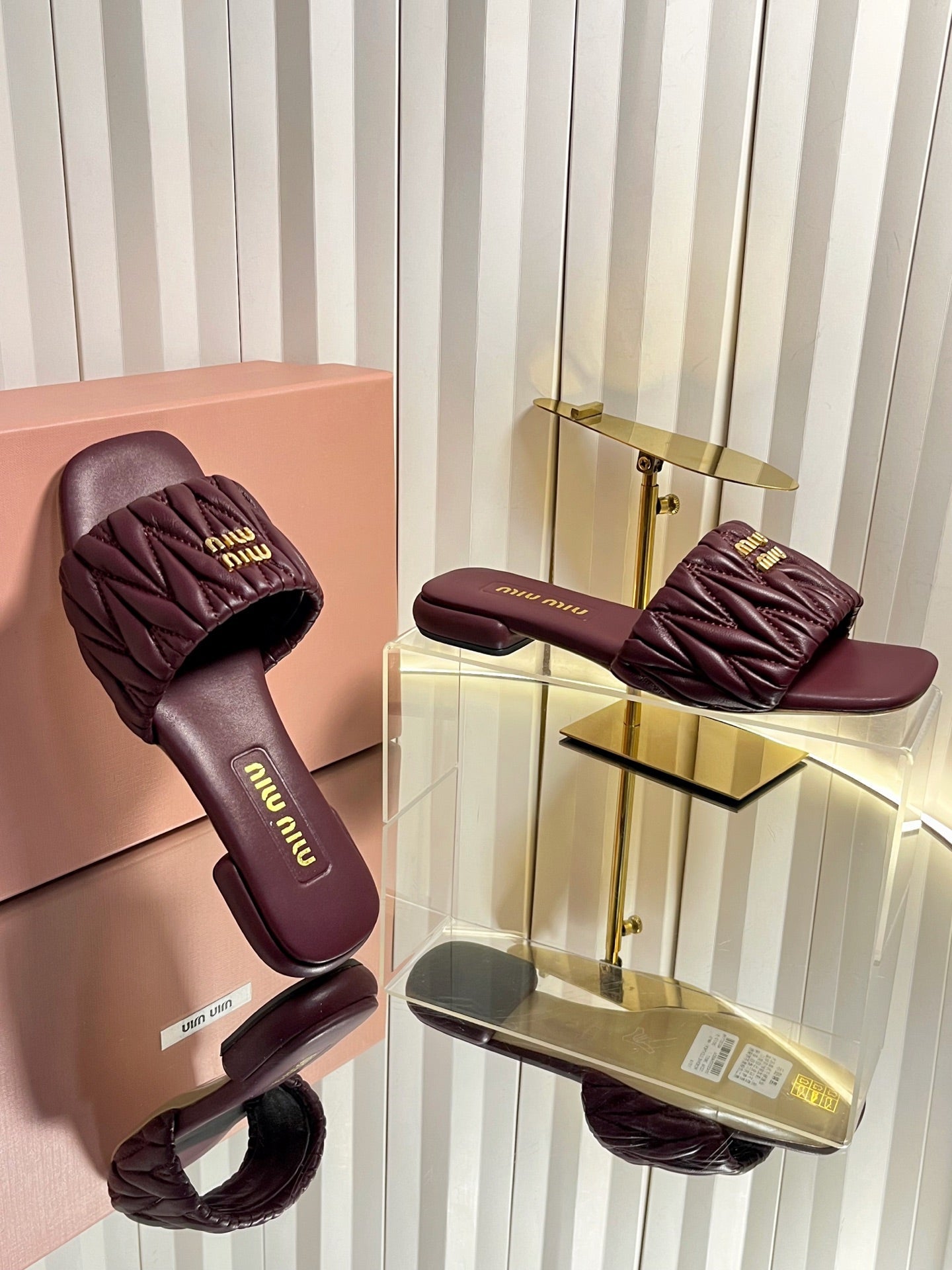 Miumiu 26s Matelasse Slides In Burgundy Calfskin Gold Hardware