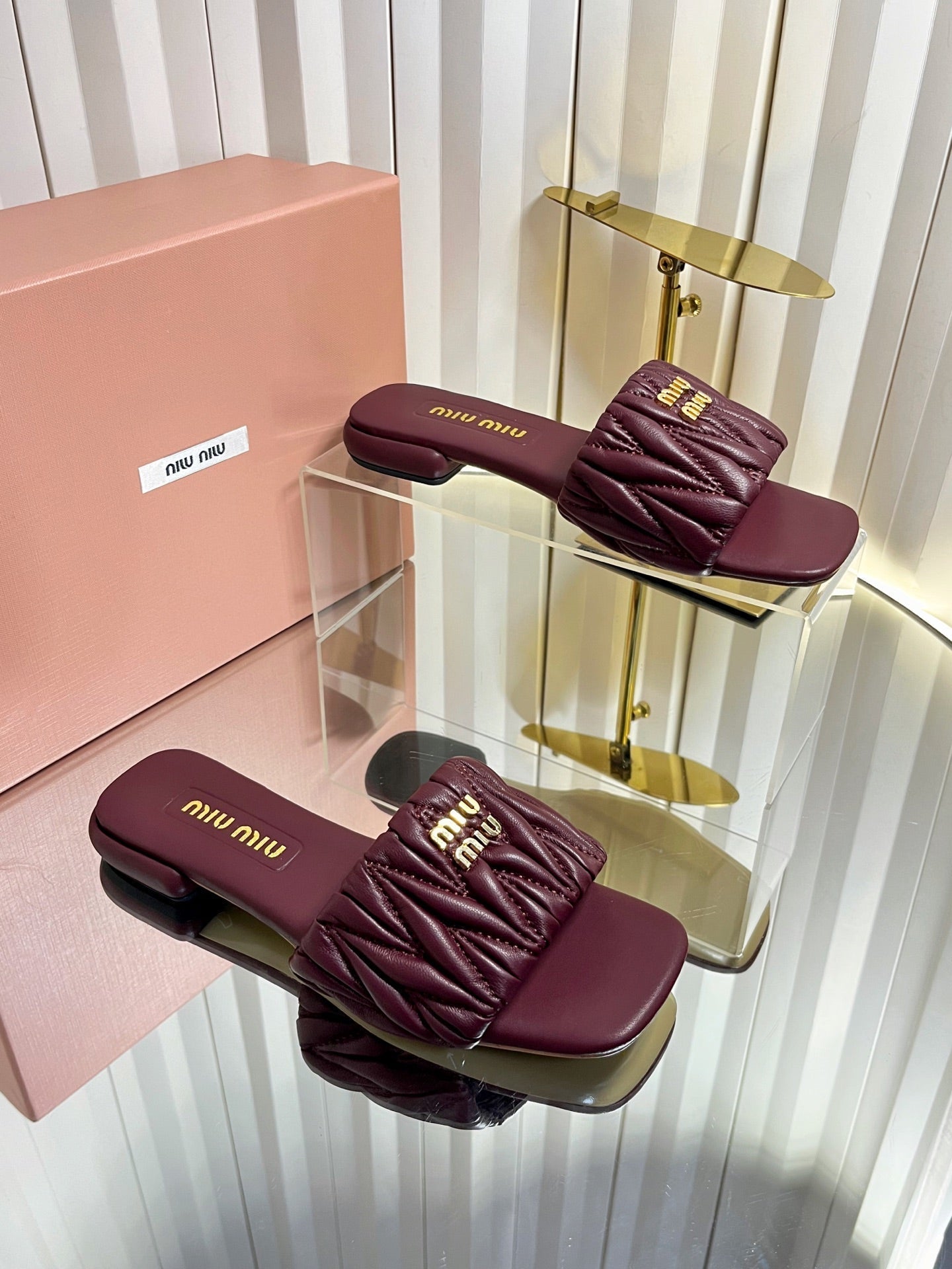 Miumiu 26s Matelasse Slides In Burgundy Calfskin Gold Hardware