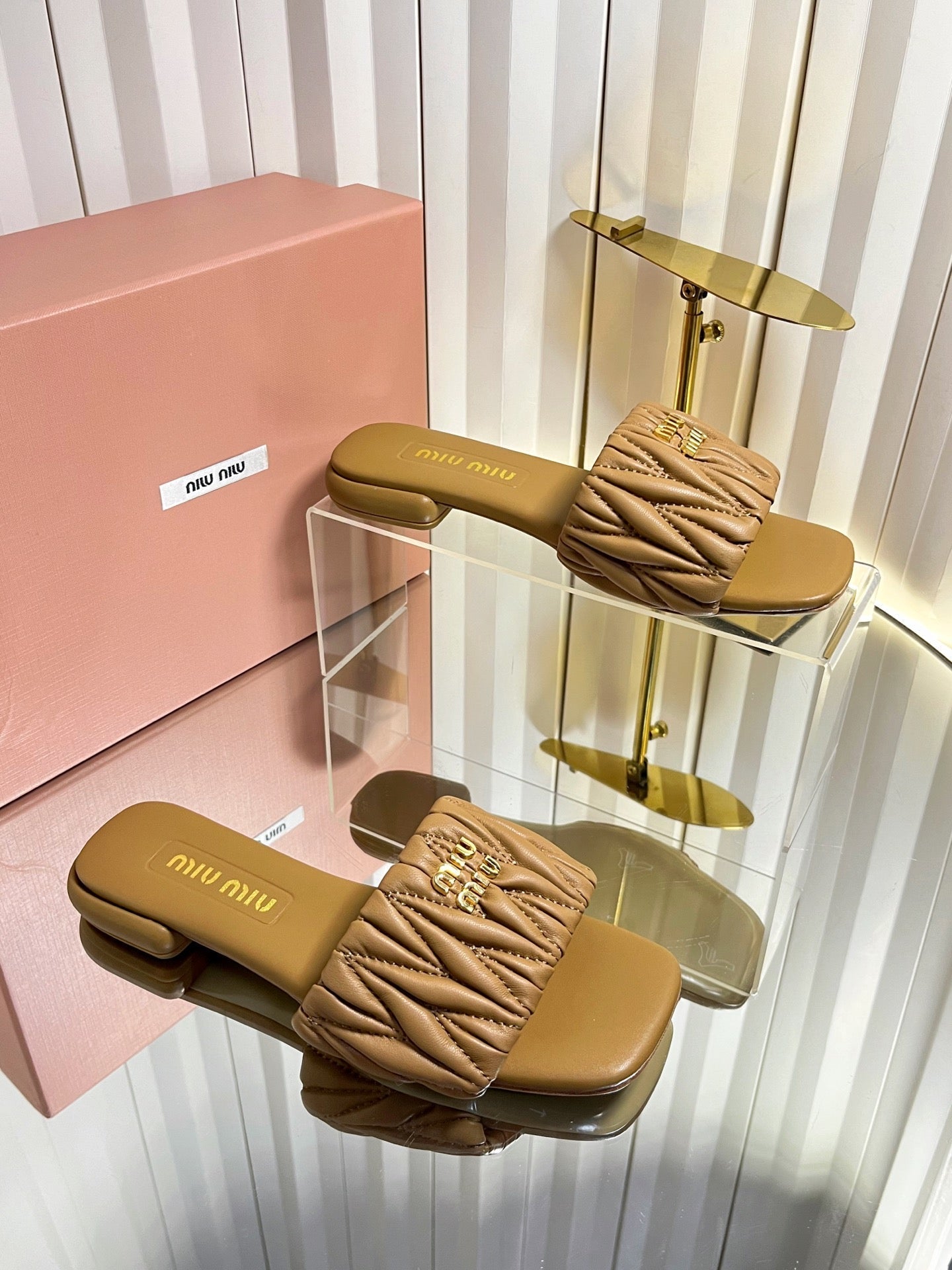 Miumiu 26s Matelasse Slides In Black Calfskin Gold Hardware
