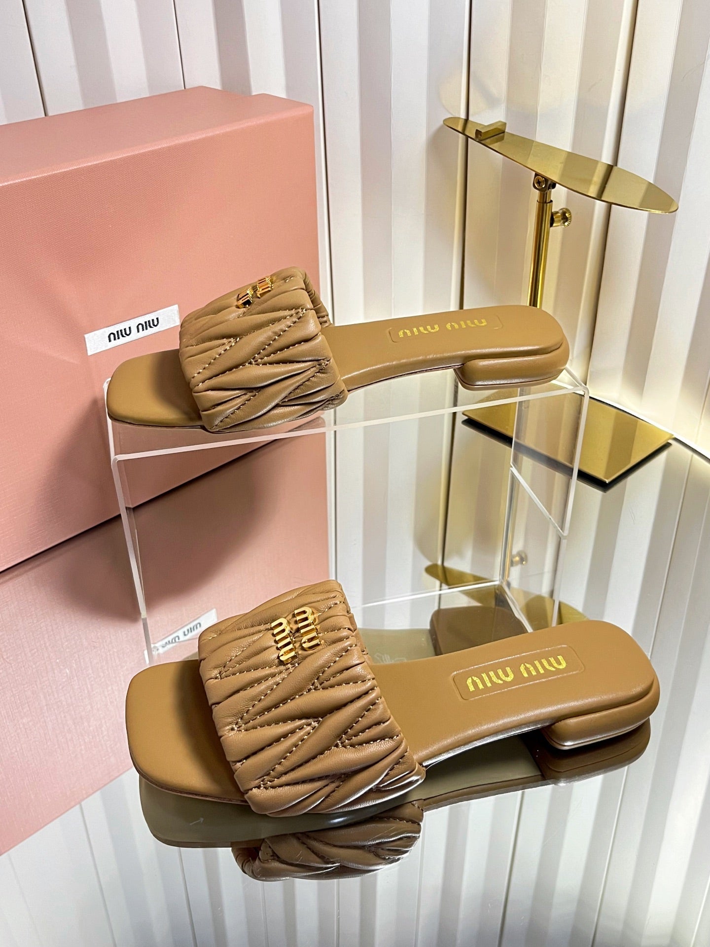 Miumiu 26s Matelasse Slides In Black Calfskin Gold Hardware