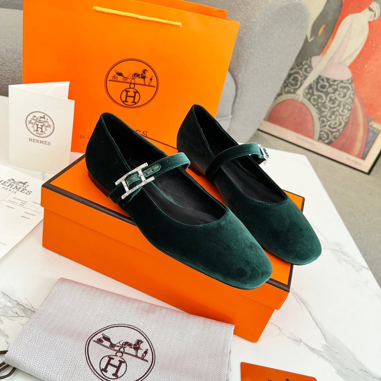 Jane Ballet Flat Dark Green Suede 214062