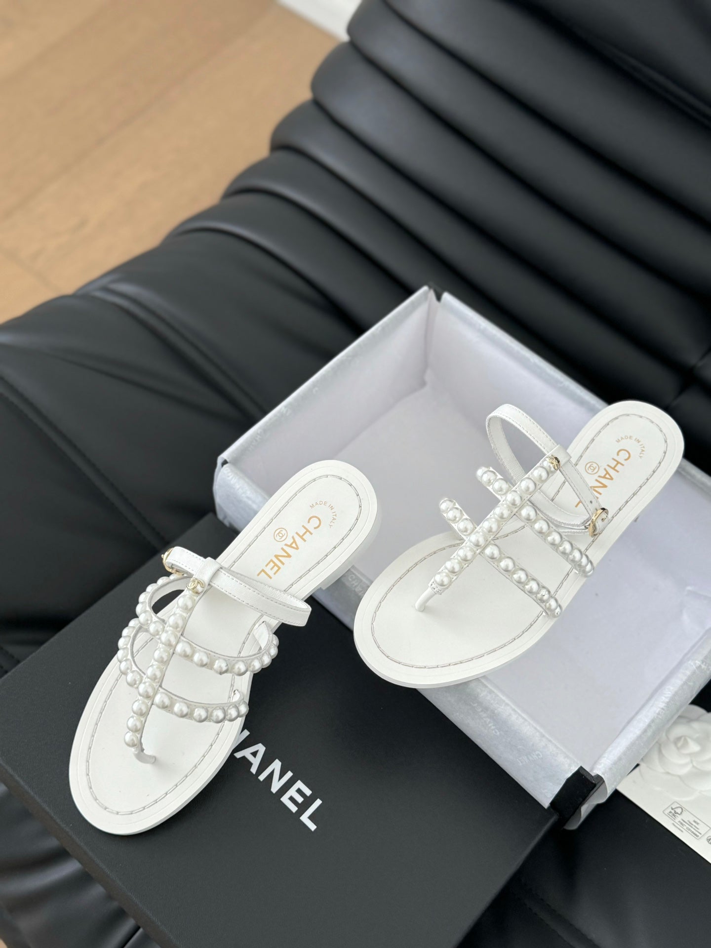 CC 26s Mule Slippers With Pearl Chain White Lambskin