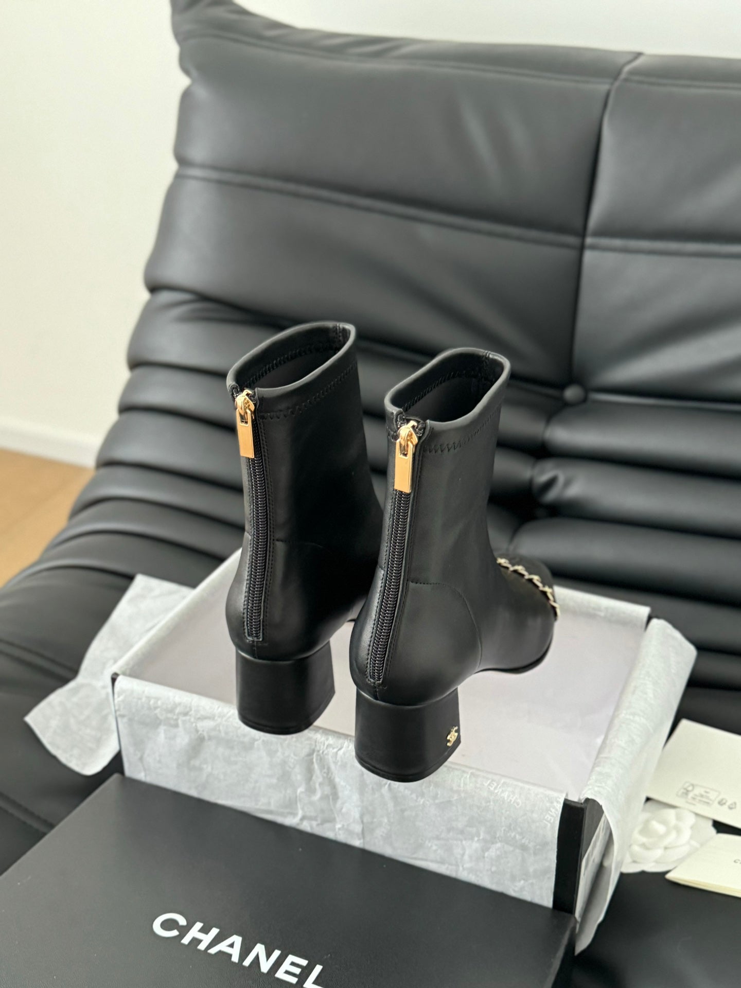 CC Ankle Boot Black Calfskin Grosgrain Leather Strap