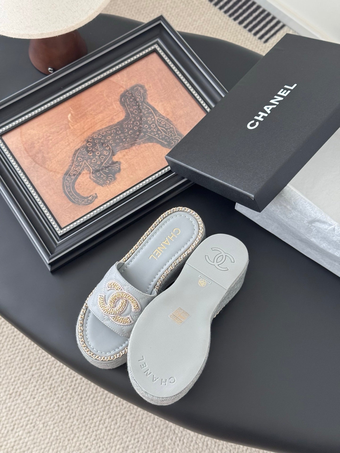 CC Wedge Heels In Beau Blue Calfskin Mix Chain Base