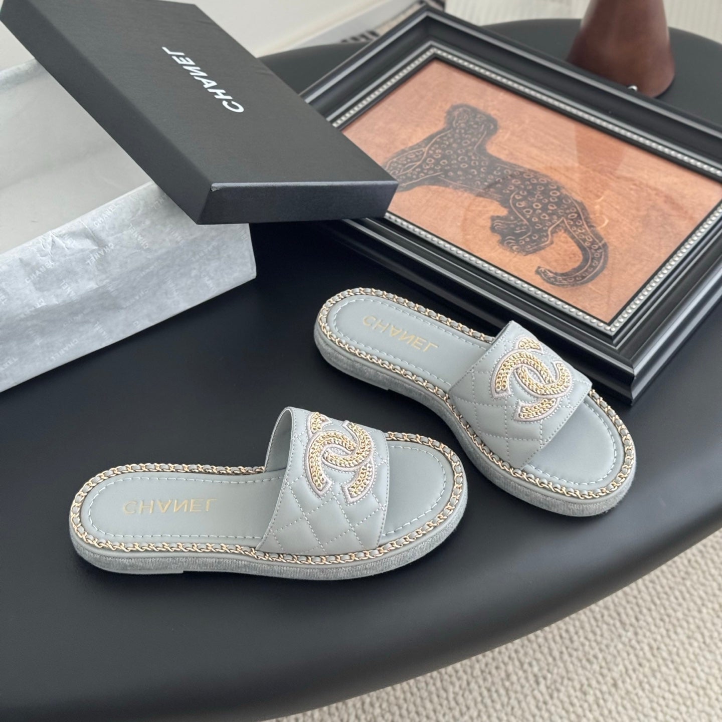 CC Slipper In Beau Blue Calfskin Mix Chain Base