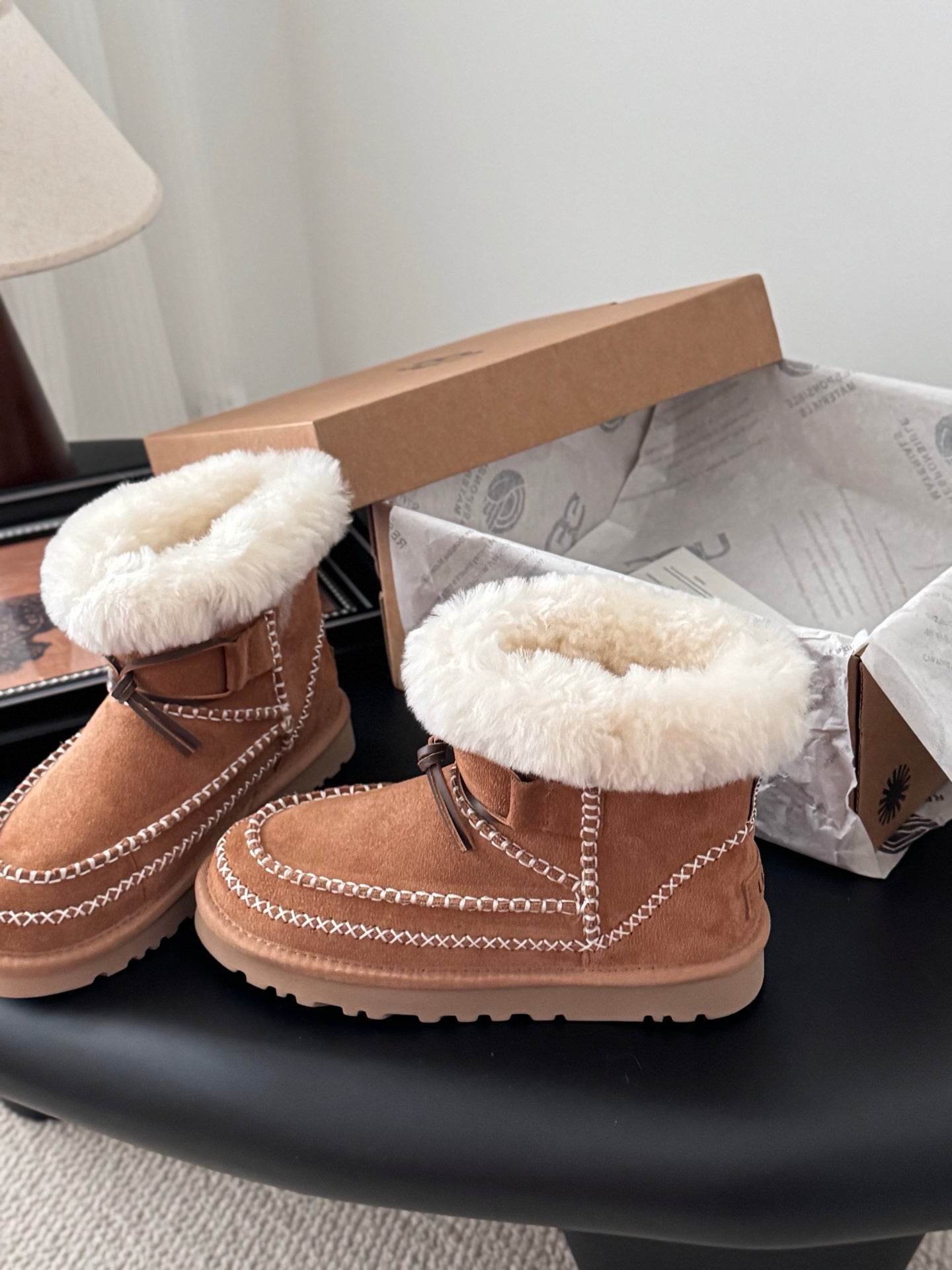 UGG Classic Ultra Mini Alpine Boots Brown White Wool Suede 508049