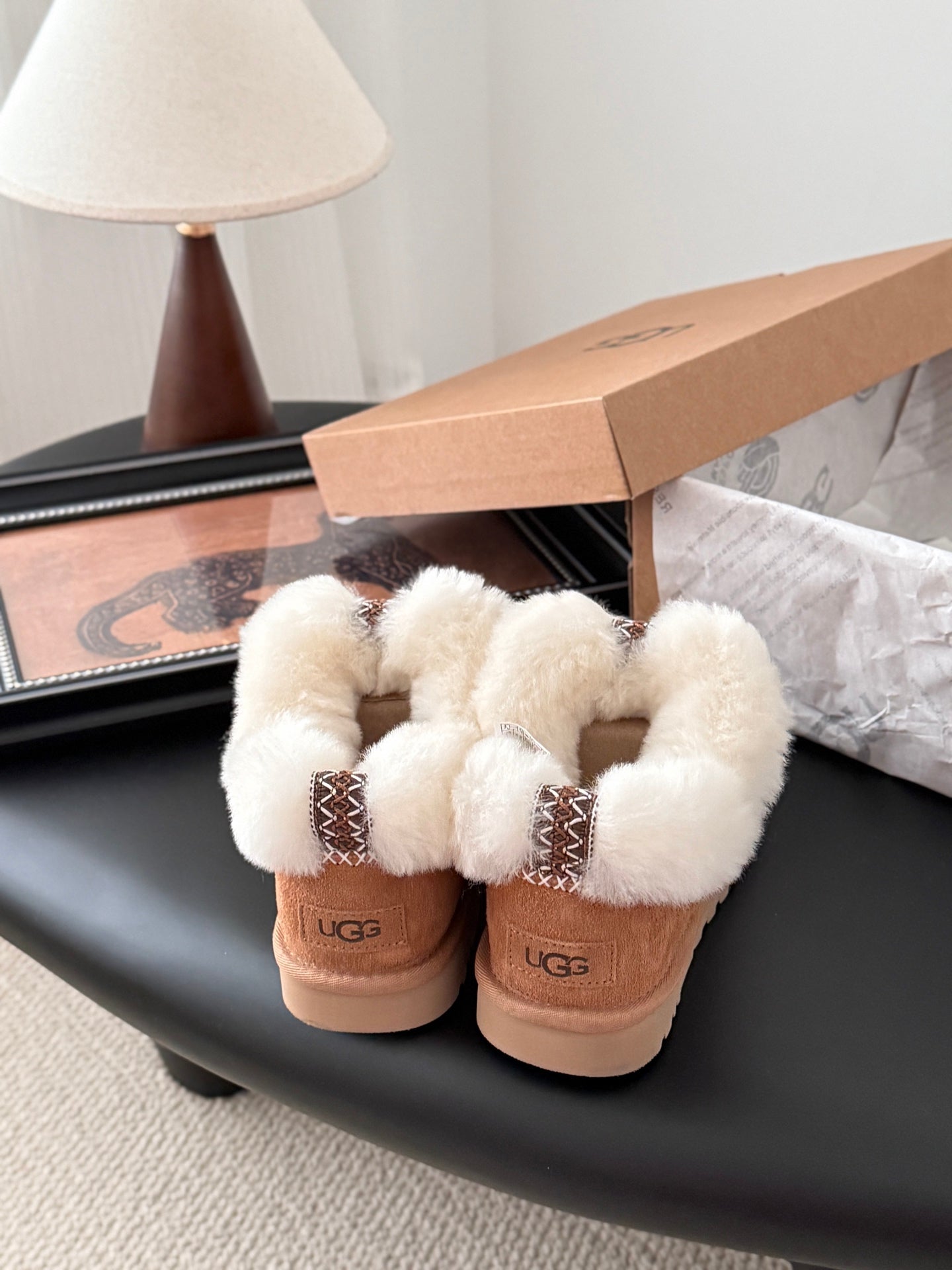 UGG Classic Ultra Mini Alpine Boots Brown White Wool Suede 508053