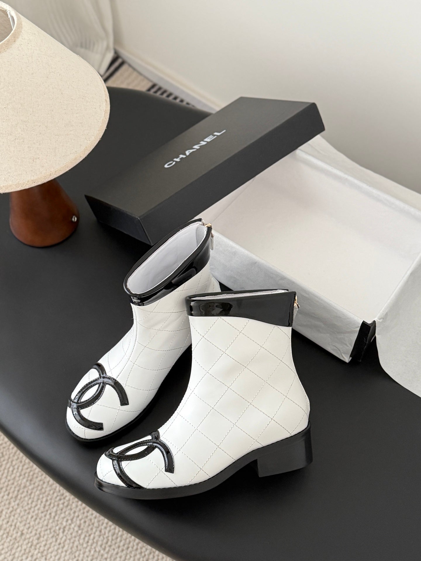 CC Cambon Ankle Boots Black White Cowhide Patent Leather 540762