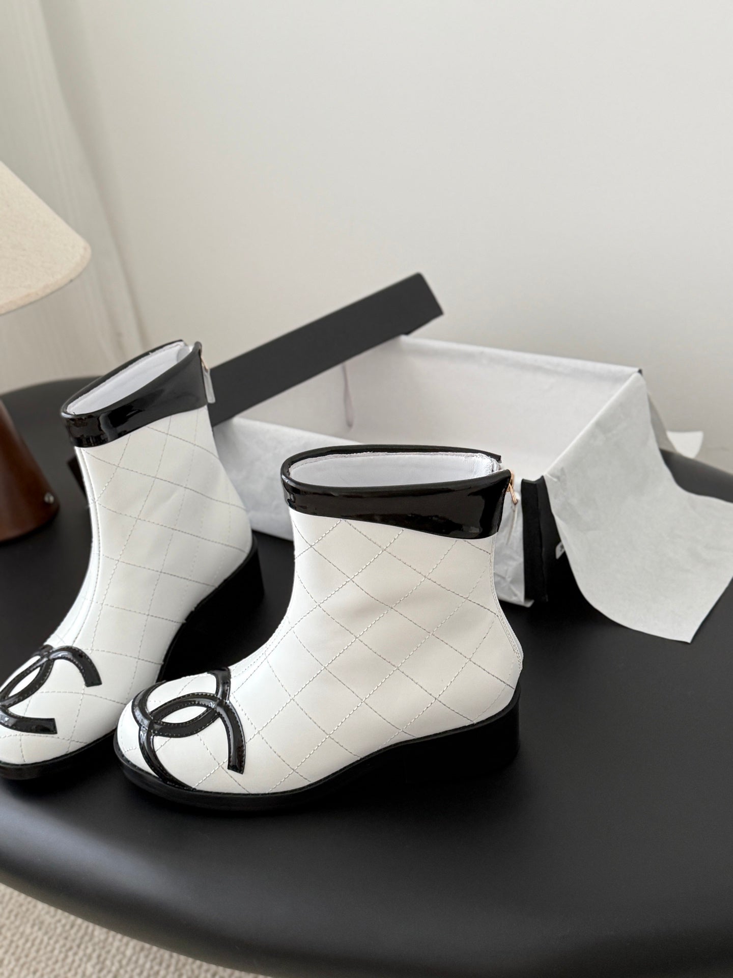 CC Cambon Ankle Boots Black White Cowhide Patent Leather 540762