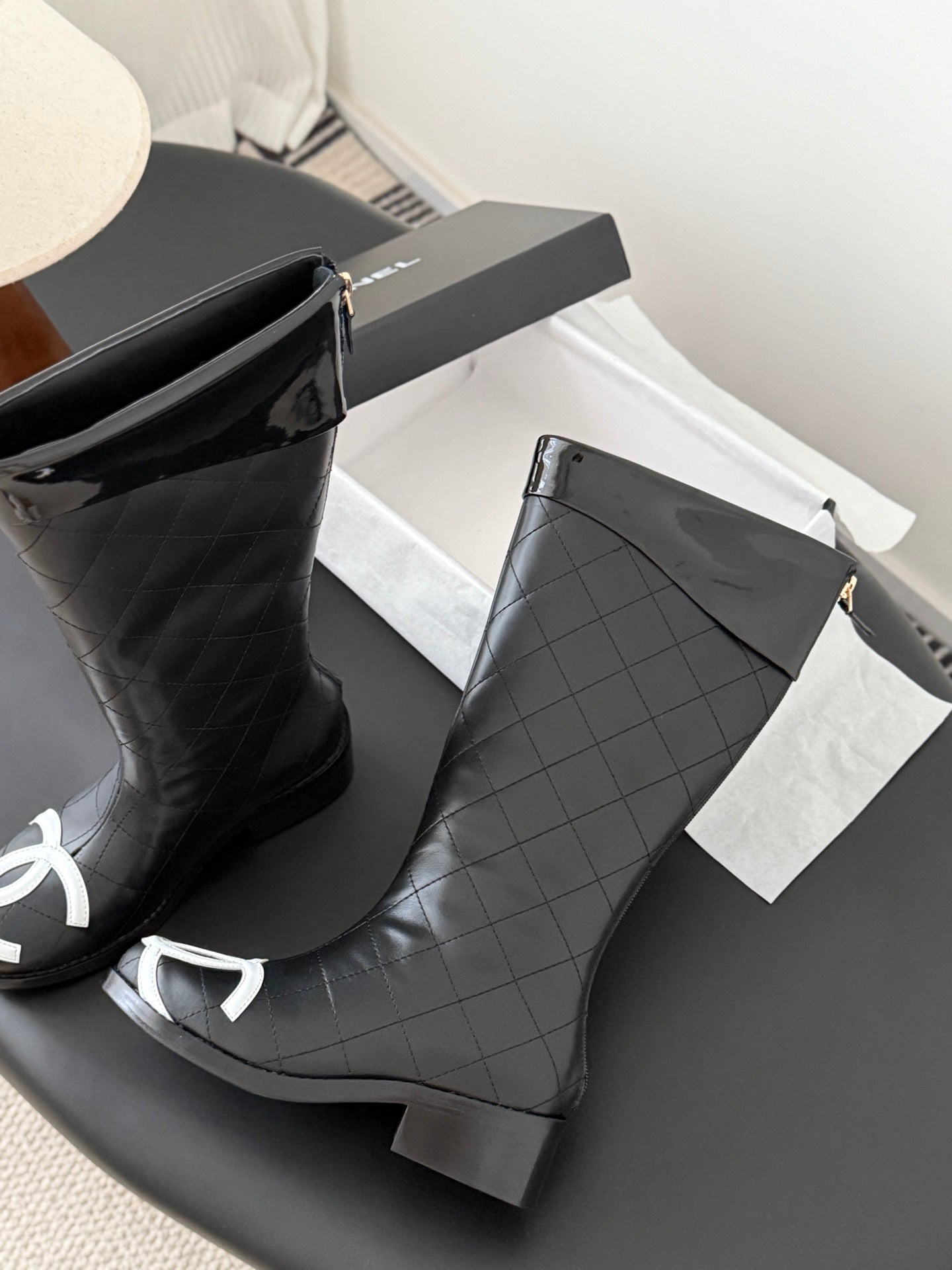 CC Cambon Mid-Calf Boots Black White Cowhide Patent Leather 540766