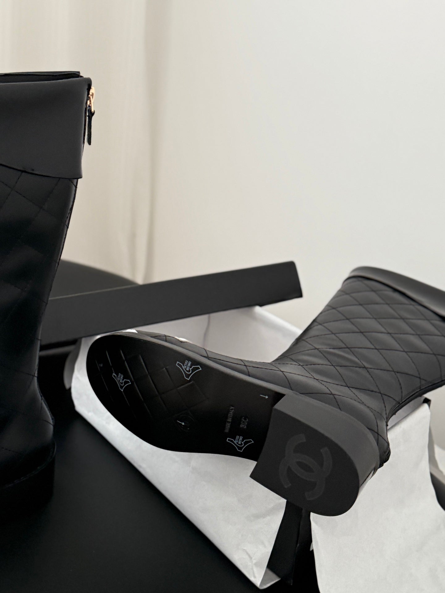 CC Cambon Mid-Calf Boots Black White Cowhide Patent Leather 540766