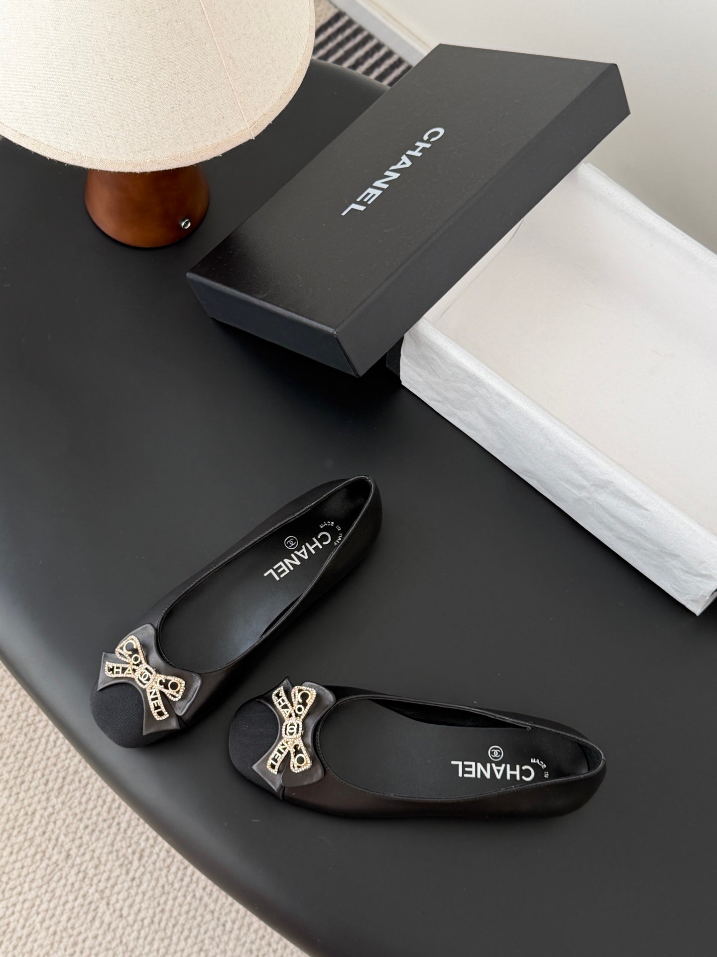 CC 26K Bow Ballet Flat Black Lambskin Canvas 670830
