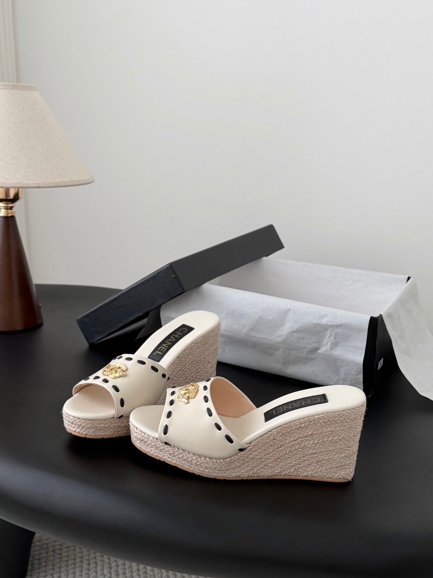 CC Wedge Espadrille Slides 10cm White Sheepskin 776109