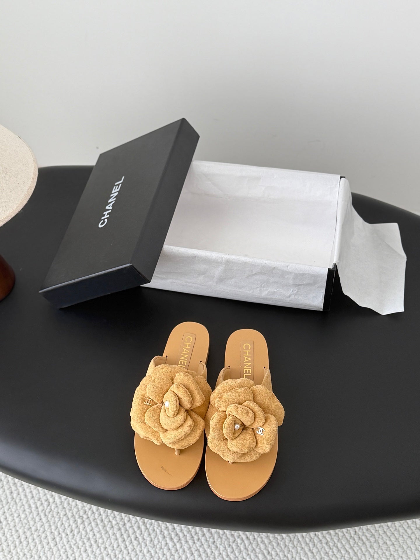 CC 26K Camellia Slippers Light Beige Suede 914834