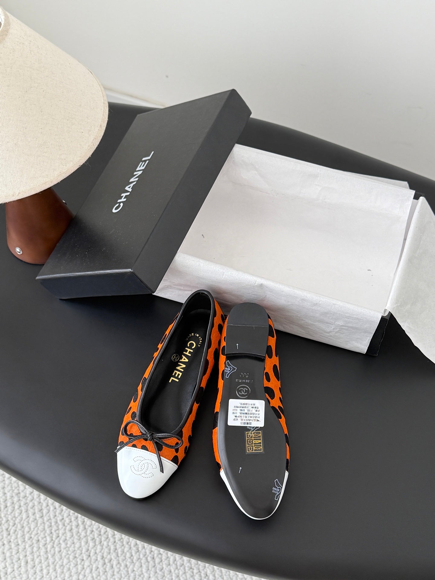 CC 26s Ballerina Flats Black Orange Pony Hair Calfskin 914550