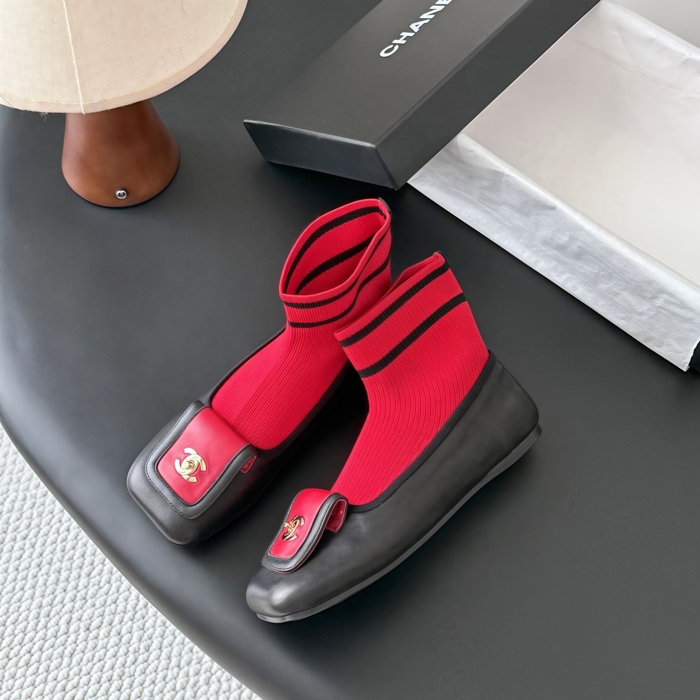 CC 26s Sock Boots Black Red Cotton Leather 969678