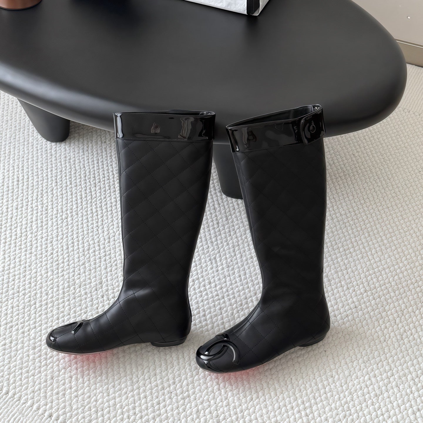 CC 26s Cambon Quilted Tall Flat Boots Black Calfskin 969723