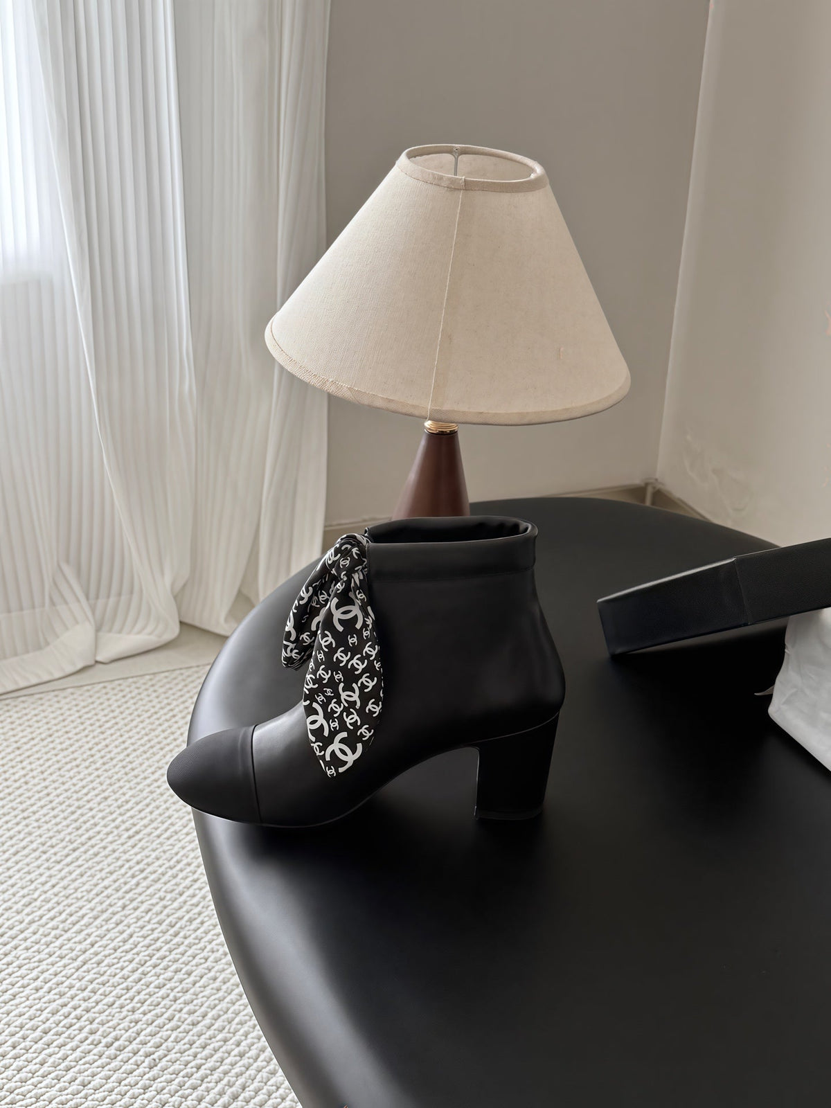 CC 26s Silk Scarf Ankle Boots Black Leather Grosgrain 127893