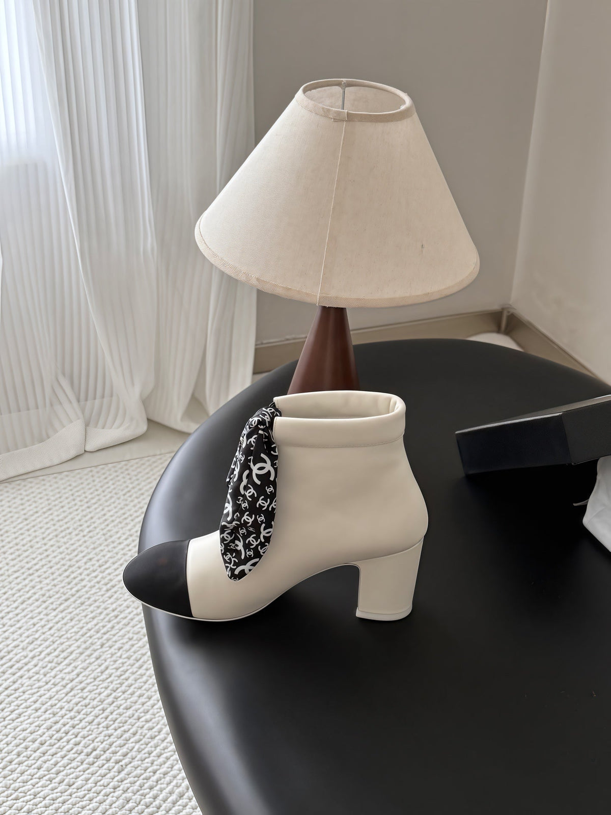 CC 26s Silk Scarf Ankle Boots White Black Leather Grosgrain 127894