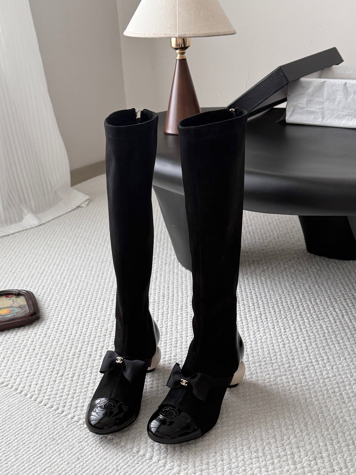 CC 26s Pearl Heel Knee High Boots Black Suede Patent 127955