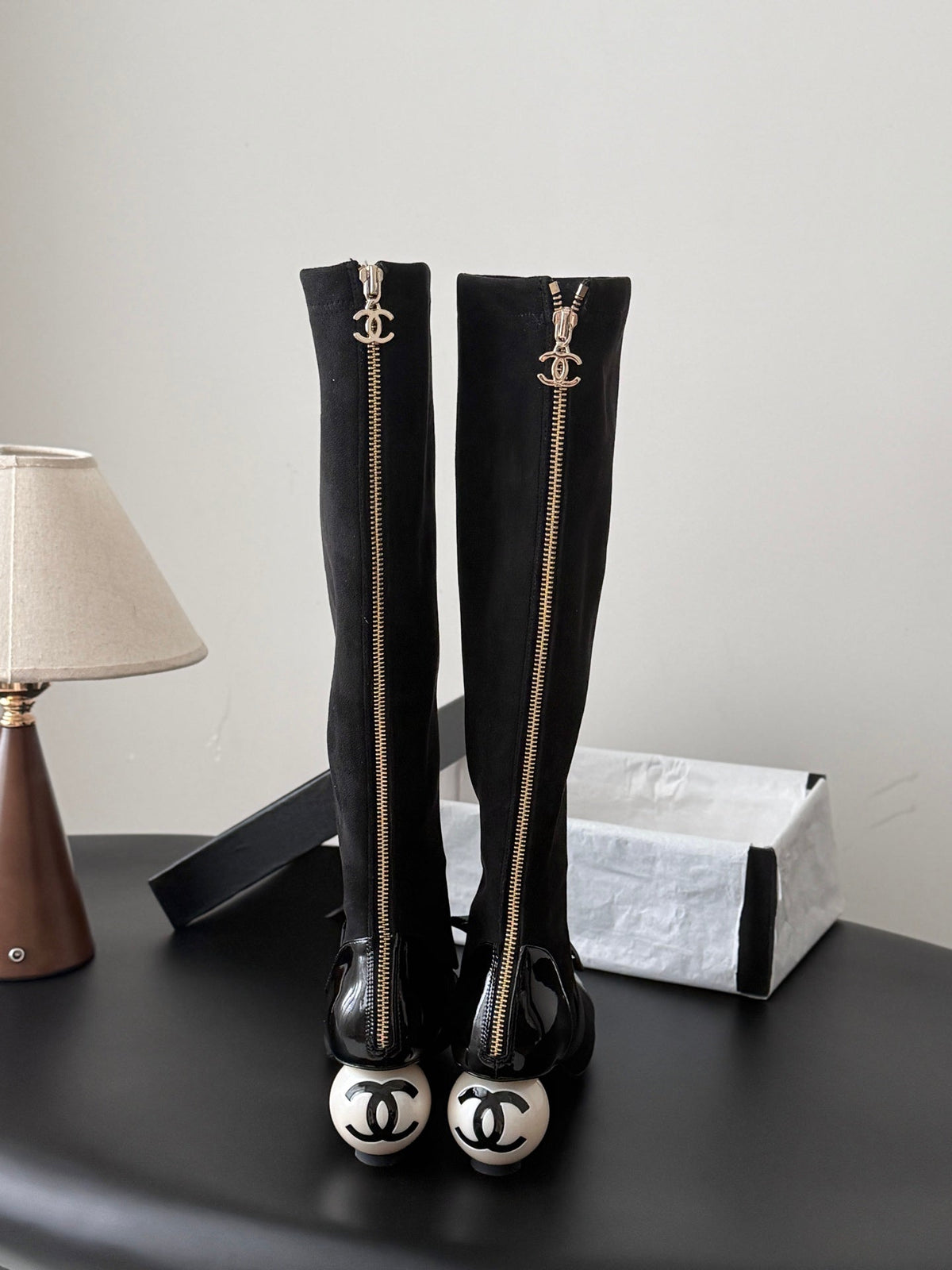 CC 26s Pearl Heel Knee High Boots Black Suede Patent 127955