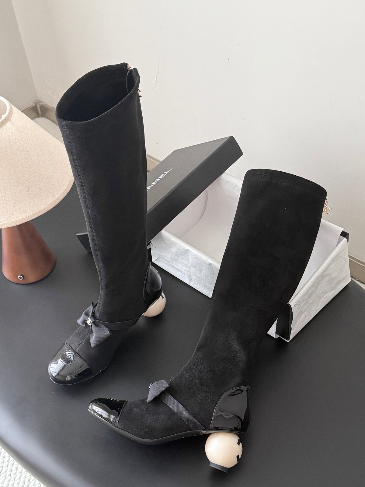 CC 26s Pearl Heel Knee High Boots Black Suede Patent 127955